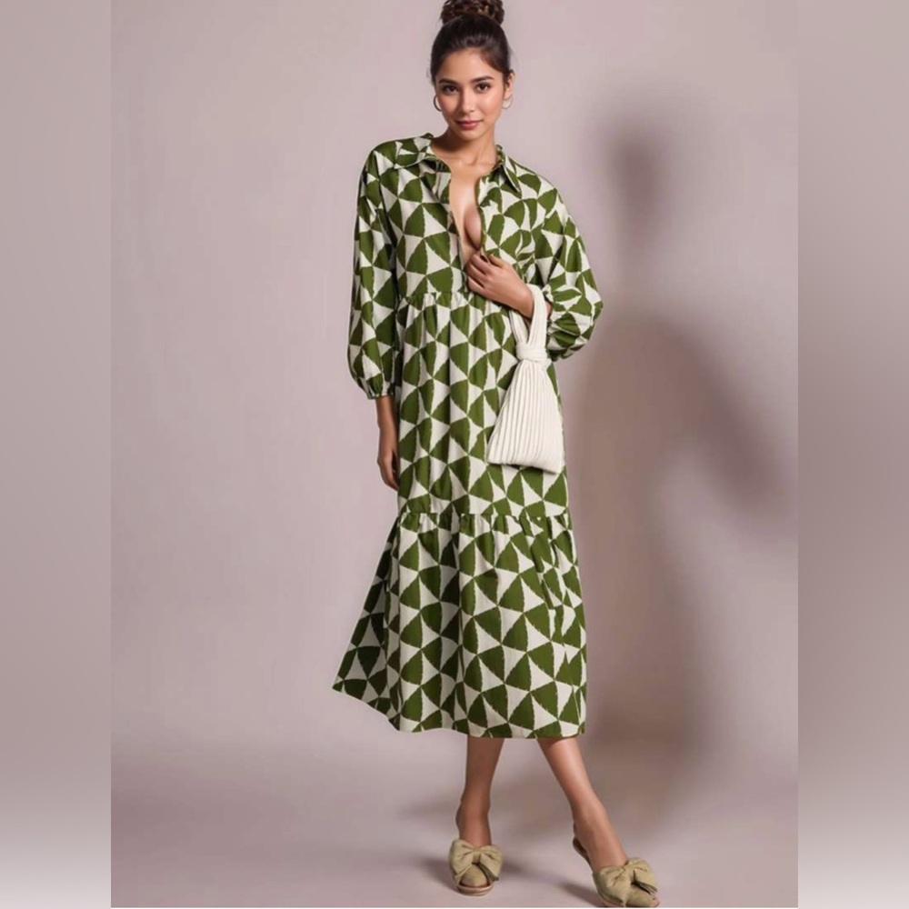 Anthropologie Green and White Geometric Maxi Dress